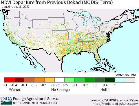 United States NDVI Departure from Previous Dekad (Terra-MODIS) Thematic Map For 1/11/2022 - 1/20/2022