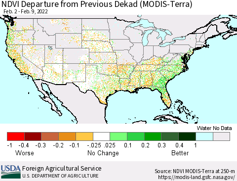 United States NDVI Departure from Previous Dekad (Terra-MODIS) Thematic Map For 2/1/2022 - 2/10/2022
