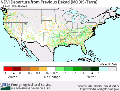 United States NDVI Departure from Previous Dekad (Terra-MODIS) Thematic Map For 2/21/2022 - 2/28/2022