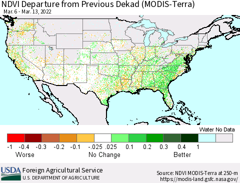 United States NDVI Departure from Previous Dekad (Terra-MODIS) Thematic Map For 3/11/2022 - 3/20/2022