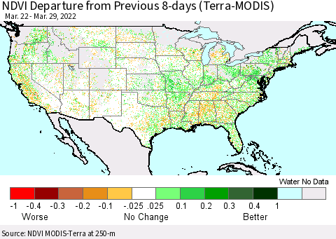 United States NDVI Departure from Previous 8-days (Terra-MODIS) Thematic Map For 3/22/2022 - 3/29/2022