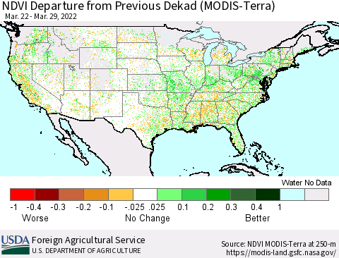 United States NDVI Departure from Previous Dekad (Terra-MODIS) Thematic Map For 3/21/2022 - 3/31/2022