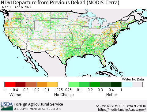 United States NDVI Departure from Previous Dekad (Terra-MODIS) Thematic Map For 4/1/2022 - 4/10/2022