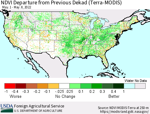 United States NDVI Departure from Previous Dekad (Terra-MODIS) Thematic Map For 5/1/2022 - 5/10/2022
