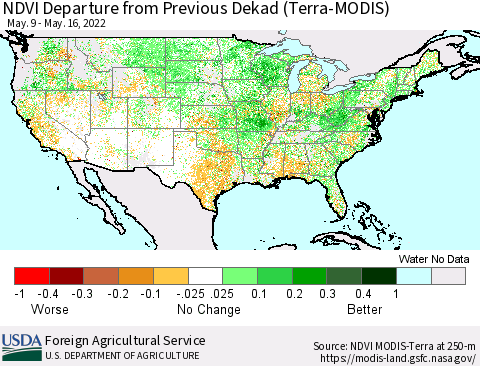 United States NDVI Departure from Previous Dekad (Terra-MODIS) Thematic Map For 5/11/2022 - 5/20/2022