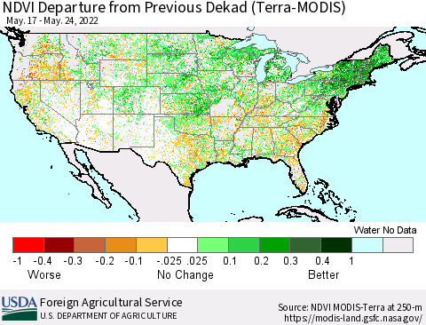 United States NDVI Departure from Previous Dekad (Terra-MODIS) Thematic Map For 5/21/2022 - 5/31/2022
