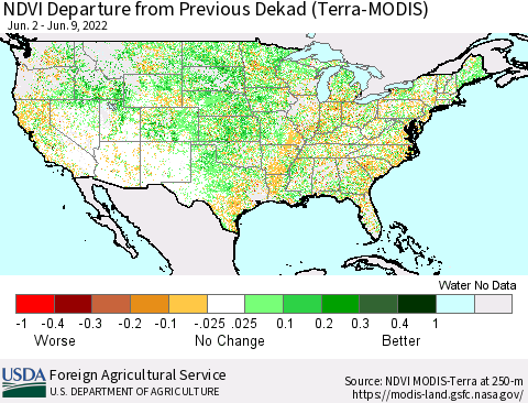 United States NDVI Departure from Previous Dekad (Terra-MODIS) Thematic Map For 6/1/2022 - 6/10/2022