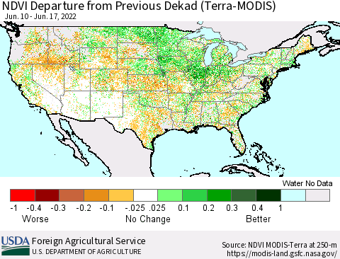 United States NDVI Departure from Previous Dekad (Terra-MODIS) Thematic Map For 6/11/2022 - 6/20/2022