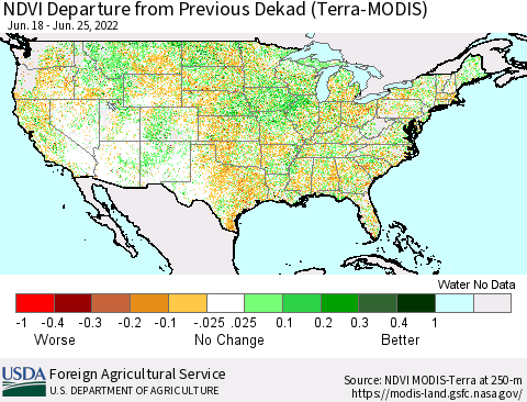 United States NDVI Departure from Previous Dekad (Terra-MODIS) Thematic Map For 6/21/2022 - 6/30/2022