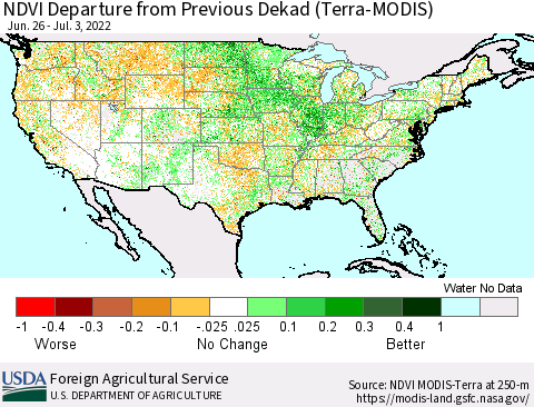 United States NDVI Departure from Previous Dekad (Terra-MODIS) Thematic Map For 7/1/2022 - 7/10/2022