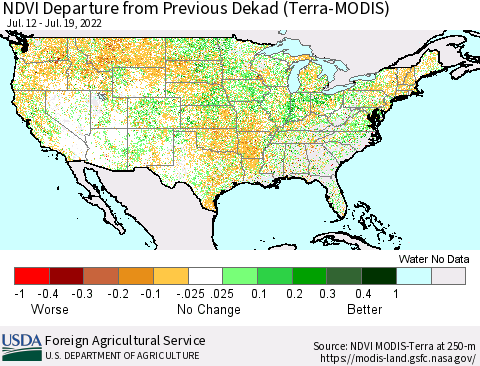 United States NDVI Departure from Previous Dekad (Terra-MODIS) Thematic Map For 7/11/2022 - 7/20/2022