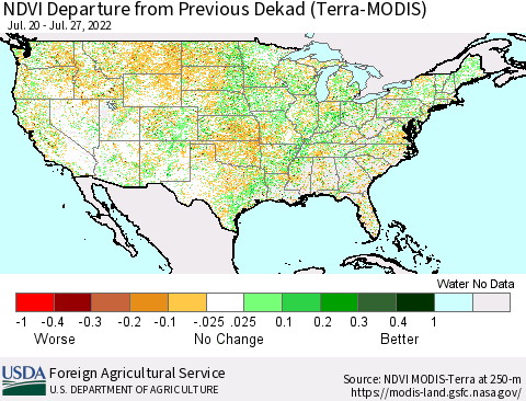 United States NDVI Departure from Previous Dekad (Terra-MODIS) Thematic Map For 7/21/2022 - 7/31/2022