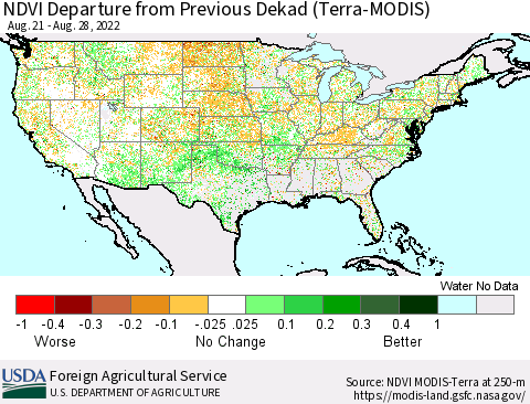 United States NDVI Departure from Previous Dekad (Terra-MODIS) Thematic Map For 8/21/2022 - 8/31/2022