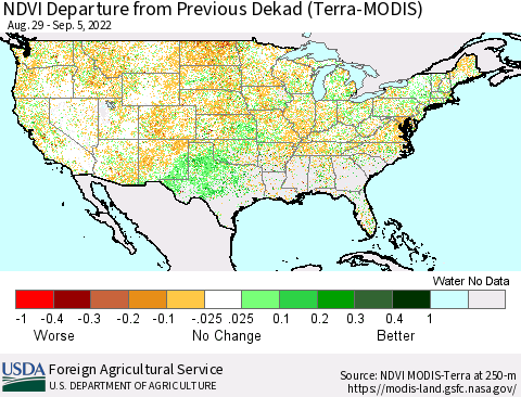 United States NDVI Departure from Previous Dekad (Terra-MODIS) Thematic Map For 9/1/2022 - 9/10/2022