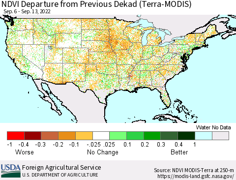 United States NDVI Departure from Previous Dekad (Terra-MODIS) Thematic Map For 9/11/2022 - 9/20/2022
