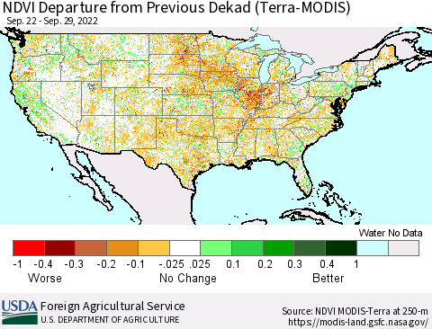 United States NDVI Departure from Previous Dekad (Terra-MODIS) Thematic Map For 9/21/2022 - 9/30/2022