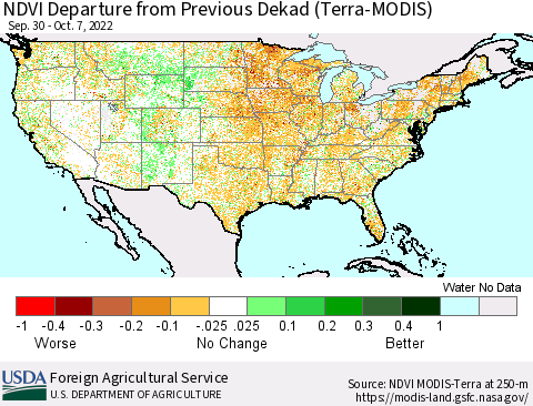 United States NDVI Departure from Previous Dekad (Terra-MODIS) Thematic Map For 10/1/2022 - 10/10/2022