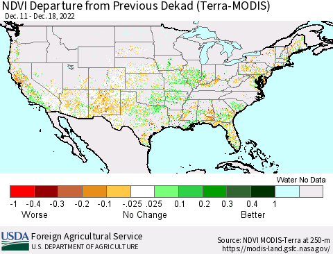United States NDVI Departure from Previous Dekad (Terra-MODIS) Thematic Map For 12/11/2022 - 12/20/2022