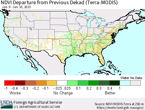 United States NDVI Departure from Previous Dekad (Terra-MODIS) Thematic Map For 1/11/2023 - 1/20/2023