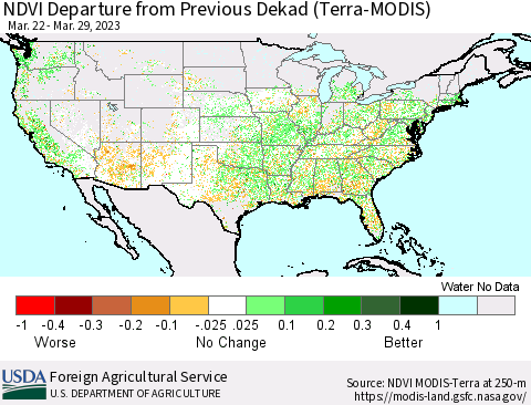 United States NDVI Departure from Previous Dekad (Terra-MODIS) Thematic Map For 3/21/2023 - 3/31/2023