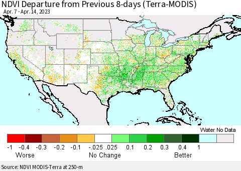 United States NDVI Departure from Previous 8-days (Terra-MODIS) Thematic Map For 4/7/2023 - 4/14/2023