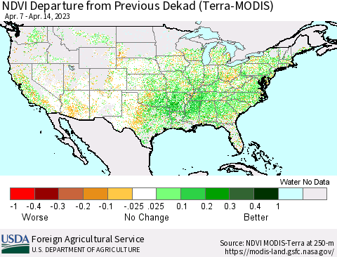 United States NDVI Departure from Previous Dekad (Terra-MODIS) Thematic Map For 4/11/2023 - 4/20/2023