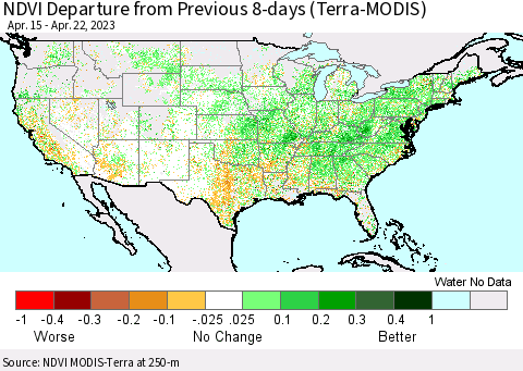 United States NDVI Departure from Previous 8-days (Terra-MODIS) Thematic Map For 4/15/2023 - 4/22/2023