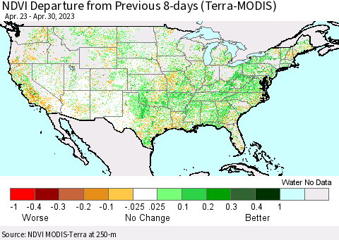 United States NDVI Departure from Previous 8-days (Terra-MODIS) Thematic Map For 4/23/2023 - 4/30/2023