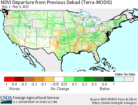 United States NDVI Departure from Previous Dekad (Terra-MODIS) Thematic Map For 5/1/2023 - 5/10/2023