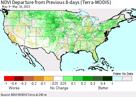 United States NDVI Departure from Previous 8-days (Terra-MODIS) Thematic Map For 5/9/2023 - 5/16/2023