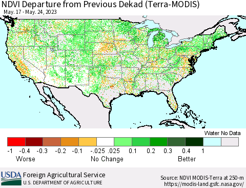United States NDVI Departure from Previous Dekad (Terra-MODIS) Thematic Map For 5/21/2023 - 5/31/2023
