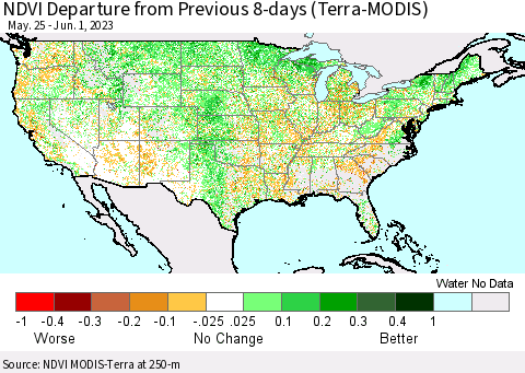 United States NDVI Departure from Previous 8-days (Terra-MODIS) Thematic Map For 5/25/2023 - 6/1/2023