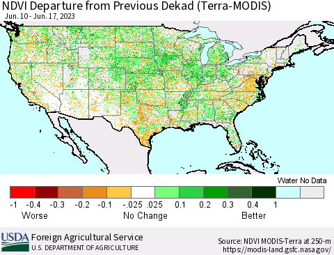 United States NDVI Departure from Previous Dekad (Terra-MODIS) Thematic Map For 6/11/2023 - 6/20/2023