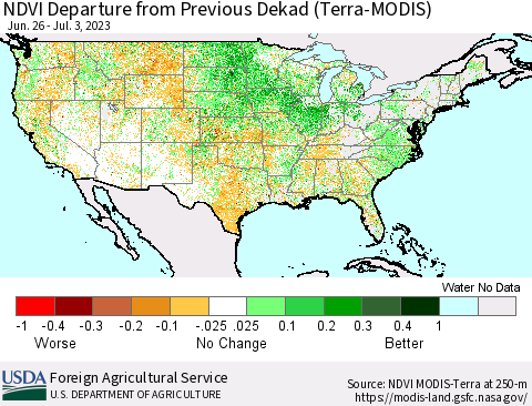 United States NDVI Departure from Previous Dekad (Terra-MODIS) Thematic Map For 7/1/2023 - 7/10/2023