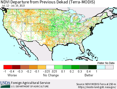 United States NDVI Departure from Previous Dekad (Terra-MODIS) Thematic Map For 7/11/2023 - 7/20/2023