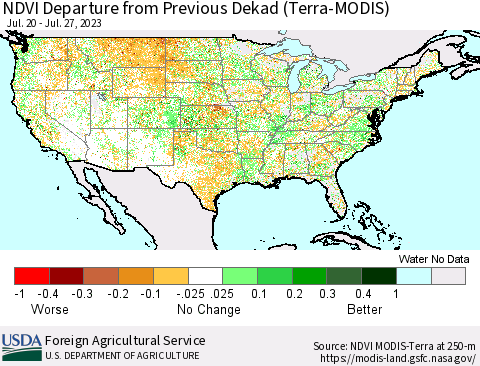 United States NDVI Departure from Previous Dekad (Terra-MODIS) Thematic Map For 7/21/2023 - 7/31/2023