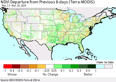 United States NDVI Departure from Previous 8-days (Terra-MODIS) Thematic Map For 3/13/2024 - 3/20/2024