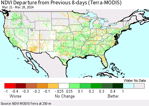 United States NDVI Departure from Previous 8-days (Terra-MODIS) Thematic Map For 3/21/2024 - 3/28/2024
