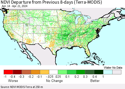 United States NDVI Departure from Previous 8-days (Terra-MODIS) Thematic Map For 4/14/2024 - 4/21/2024