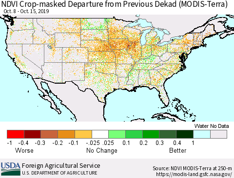 United States Cropland NDVI Departure from Previous Dekad (Terra-MODIS) Thematic Map For 10/11/2019 - 10/20/2019