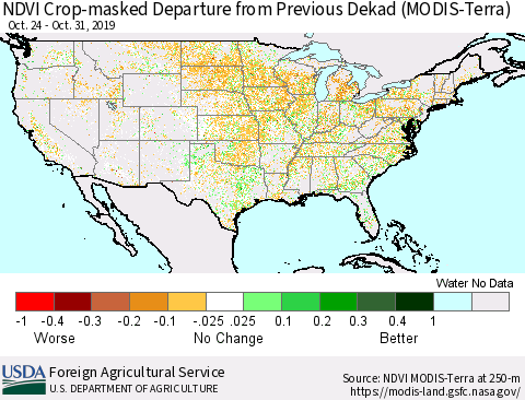 United States Cropland NDVI Departure from Previous Dekad (Terra-MODIS) Thematic Map For 10/21/2019 - 10/31/2019