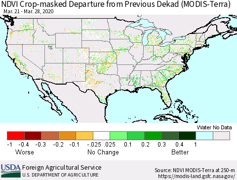 United States Cropland NDVI Departure from Previous Dekad (Terra-MODIS) Thematic Map For 3/21/2020 - 3/31/2020