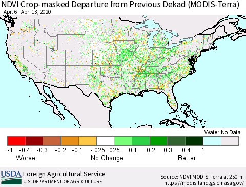 United States Cropland NDVI Departure from Previous Dekad (Terra-MODIS) Thematic Map For 4/11/2020 - 4/20/2020