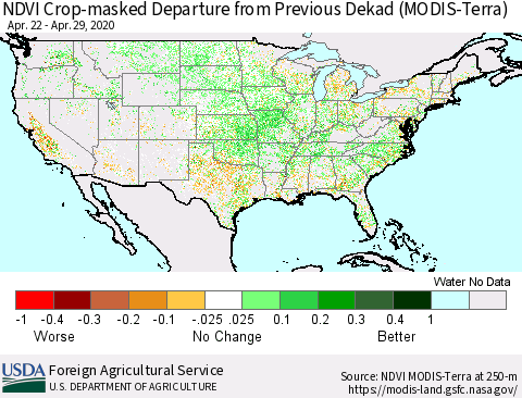 United States Cropland NDVI Departure from Previous Dekad (Terra-MODIS) Thematic Map For 4/21/2020 - 4/30/2020