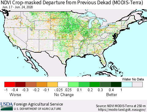 United States Cropland NDVI Departure from Previous Dekad (Terra-MODIS) Thematic Map For 6/21/2020 - 6/30/2020