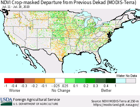 United States Cropland NDVI Departure from Previous Dekad (Terra-MODIS) Thematic Map For 7/11/2020 - 7/20/2020