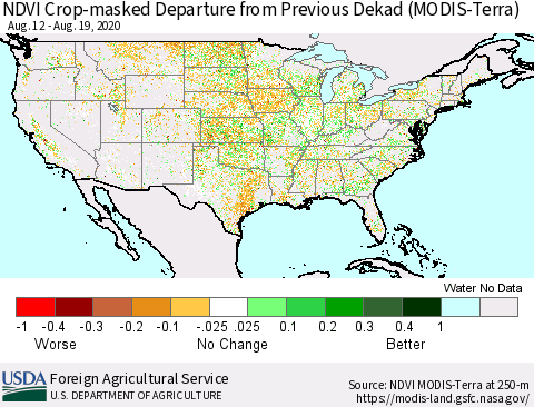 United States Cropland NDVI Departure from Previous Dekad (Terra-MODIS) Thematic Map For 8/11/2020 - 8/20/2020