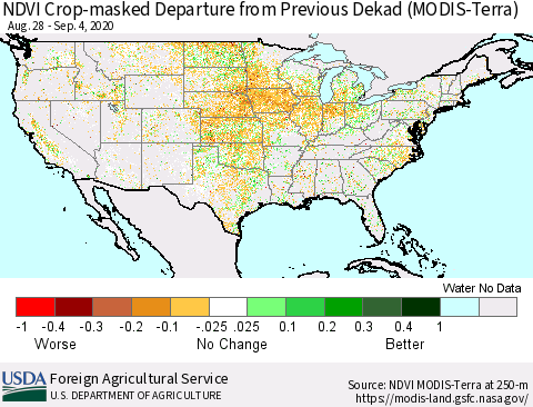 United States Cropland NDVI Departure from Previous Dekad (Terra-MODIS) Thematic Map For 9/1/2020 - 9/10/2020