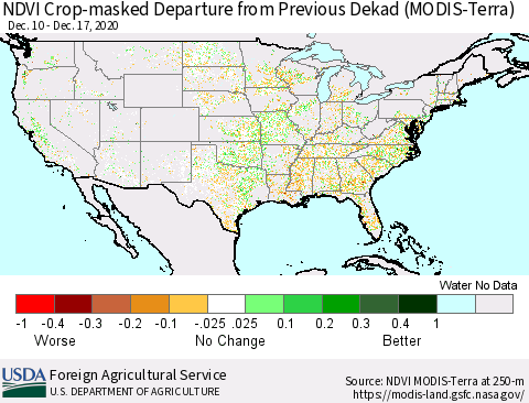 United States Cropland NDVI Departure from Previous Dekad (Terra-MODIS) Thematic Map For 12/11/2020 - 12/20/2020