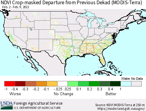 United States Cropland NDVI Departure from Previous Dekad (Terra-MODIS) Thematic Map For 2/1/2021 - 2/10/2021